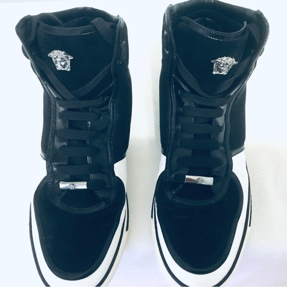 PRE OWNED Versace Leather/Nylon Men’s Hightop Black White Sneaker Sz 43EU / 10US - Picture 1 of 16